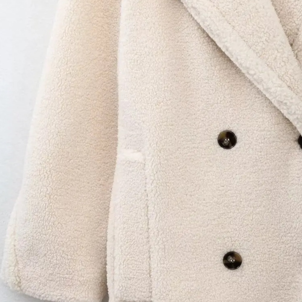 Teddy Long Coat in Cream - Women's Double-Breasted Teddy Jacket - Picture 7 of 12